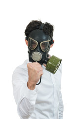 fine portrait of man with classic old mask gas isolated on white