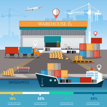 Warehouse infographics, industrial sea port with containers