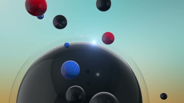 Rotating 3D Spheres On Colorful Background With Lens Flare