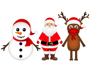 Santa Claus with reindeer and a snowman standing on  white back