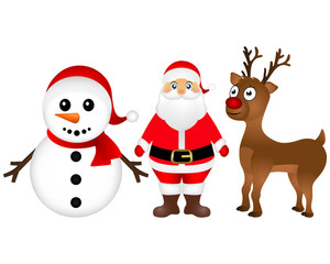 Santa Claus with reindeer and a snowman standing on  white back