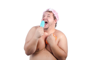 Funny fat man in the shower.