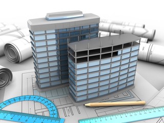 3d illustration of modern buildings over drawing rolls background with drawing tools