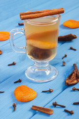 Fresh compote of dried fruits, ingredients and spices on boards