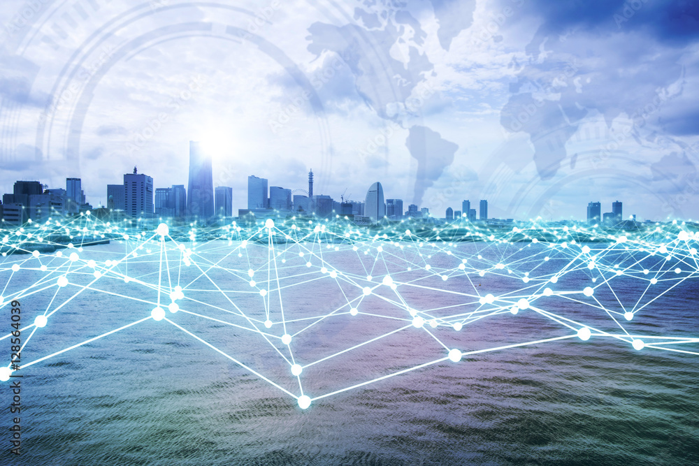 Poster modern city skyline and mesh network concept