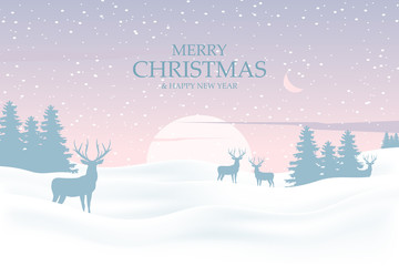 Christmas background with deers in forest. Winter landscape on background sunset - 128564055