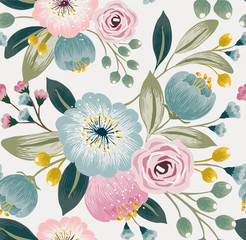 Wektorowa ilustracja bezszwowy kwiecisty wzór z wiosennymi kwiatami. Piękny kwiatowy tło w słodkich kolorach - 128564061
