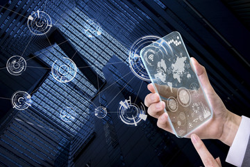 transparent futuristic smart phone and smart city, technological abstract