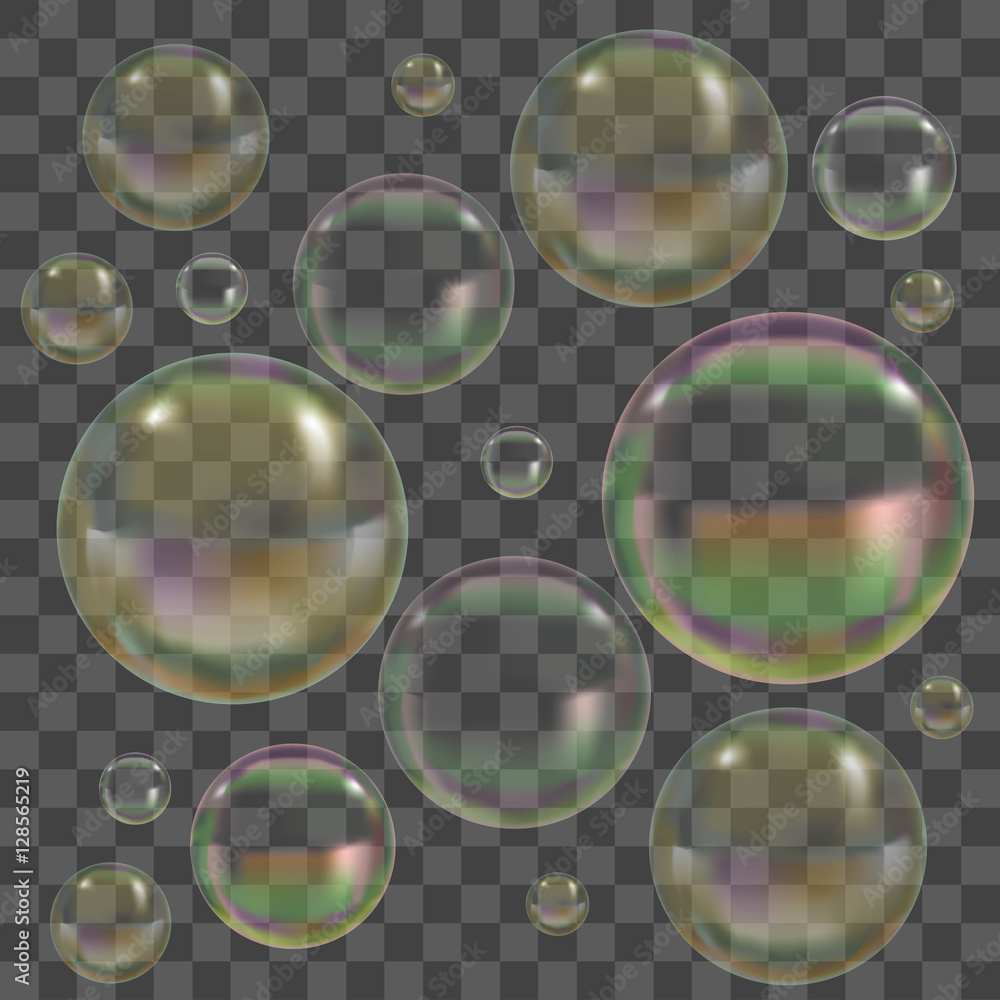 Poster soap bubbles with reflection set. vector