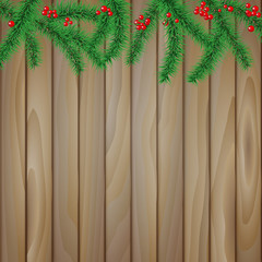 spruce branches on a wooden background, Christmas background