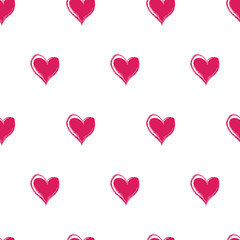 Seamless pattern with bright pink hearts on a white background, vector