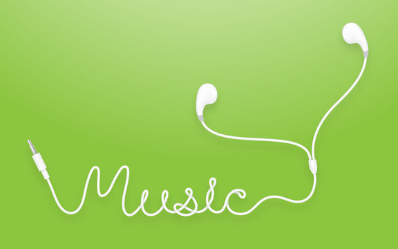 Earphones, Earbud type white color and music text made from cable isolated on green gradient background, with copy space