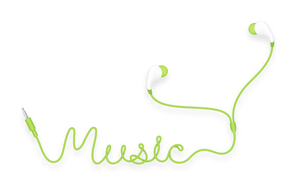 Earphones, In Ear type green color and music text made from cable isolated on white background, with copy space