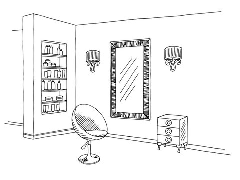 Hairdressing salon graphic black white interior sketch illustration vector
