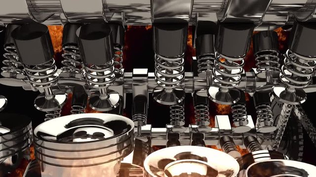 3D animation of a working V8 engine with explosions.