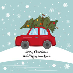 Red car with Christmas tree on the winter background.