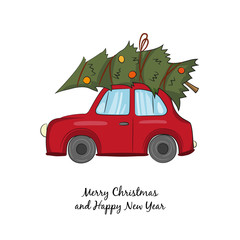 Red car with Christmas tree on the white background.