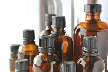 Brown glass laboratory bottles for chemicals, medical and cosmetic liquids