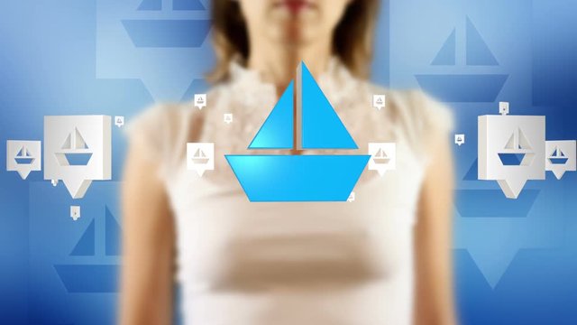 Young female pressing the screen then sailboat symbol appearing