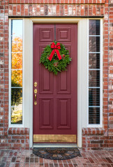 Christmas wreath on a red, wooden door, in front of a house