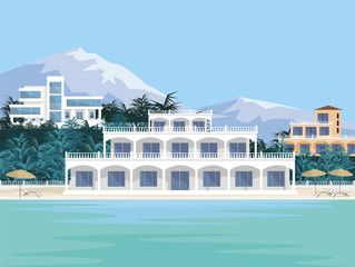 Abstract image of a large, beautiful country house. Luxury Villa on the seafront, surrounded by palm trees. Vector background.