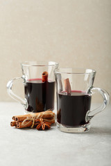 Hot wine with spica in glasses
