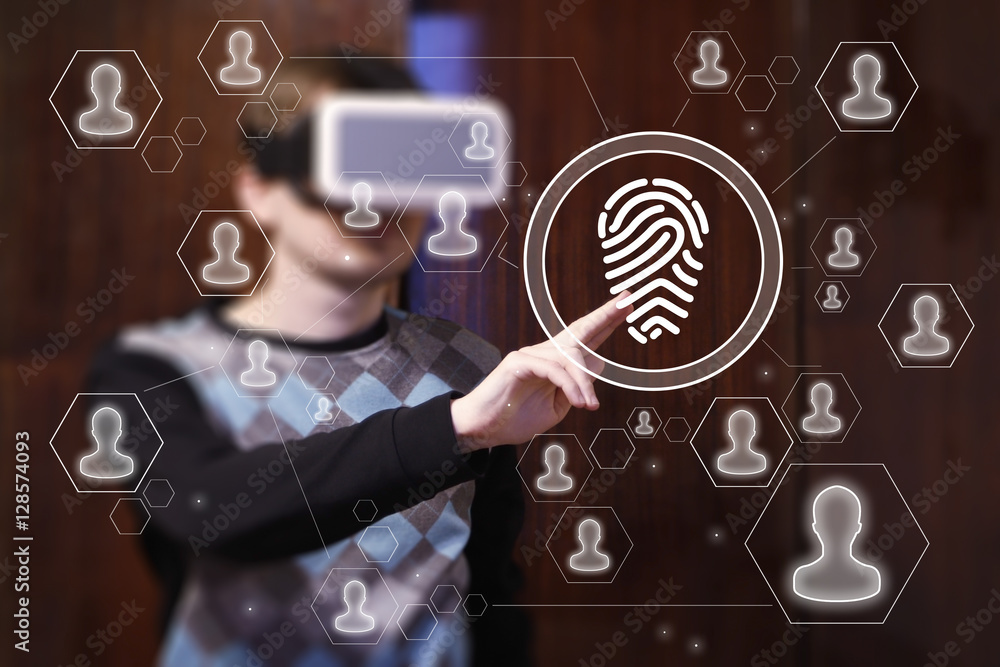 Aufkleber businessman touch button fingerprint print in virtual reality device vr network