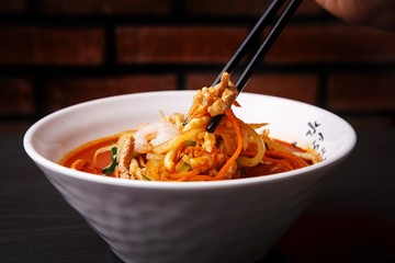 Chinese-style noodles with vegetables and seafood. JJamppong, 짬뽕