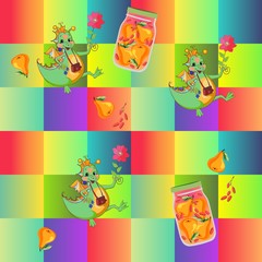Beautiful childish patchwork pattern with cute cartoon dragon, jar of pear compote and fruits on background of colored squares. Print for fabric.