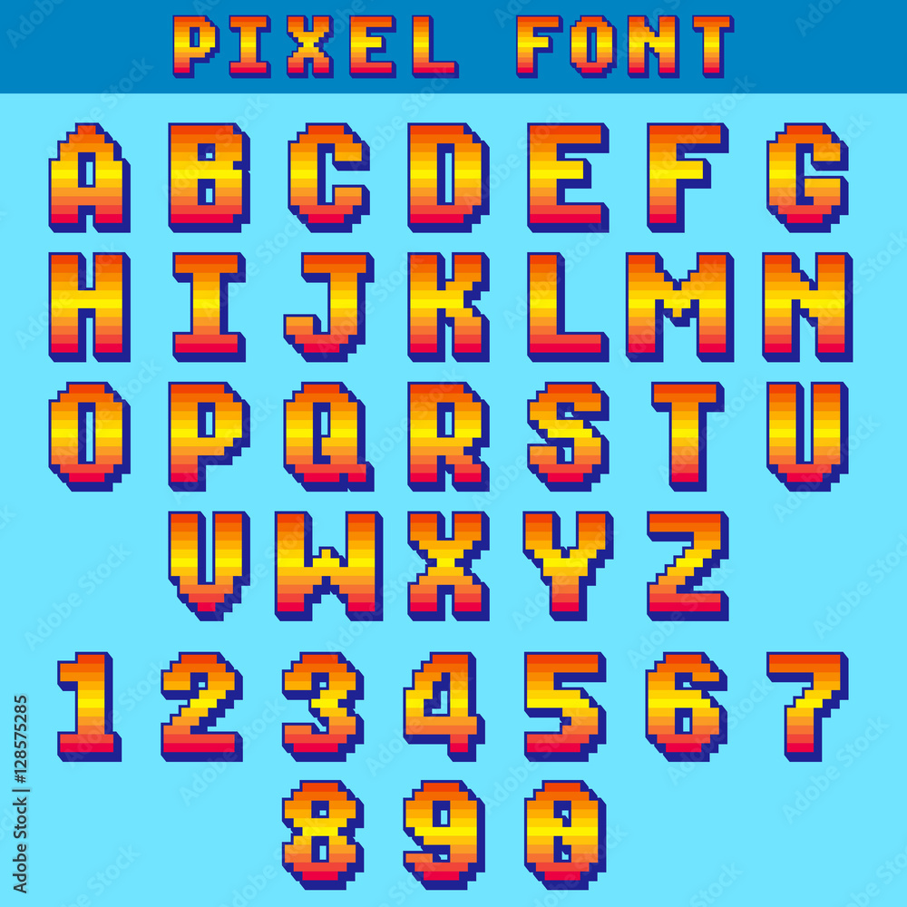 Poster pixel 8 bit letters and numbers vector game font, digital alphabet, typeface