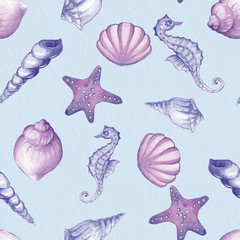 Hand drawn watercolor seamless pattern with seashells 1