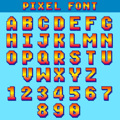 Pixel 8 bit letters and numbers vector game font, digital alphabet, typeface