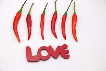 Red chilli with love lettering on white background