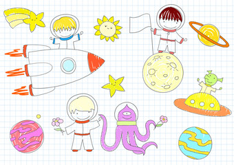 Vector sketches with happy boys and aliens