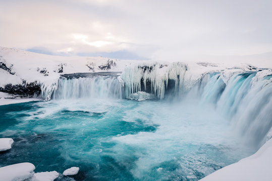 Godafoss Waterfall In Iceland During Winter