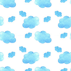 Fototapeta na wymiar Blue watercolor clouds background. Hand painted cloud isolated on white.