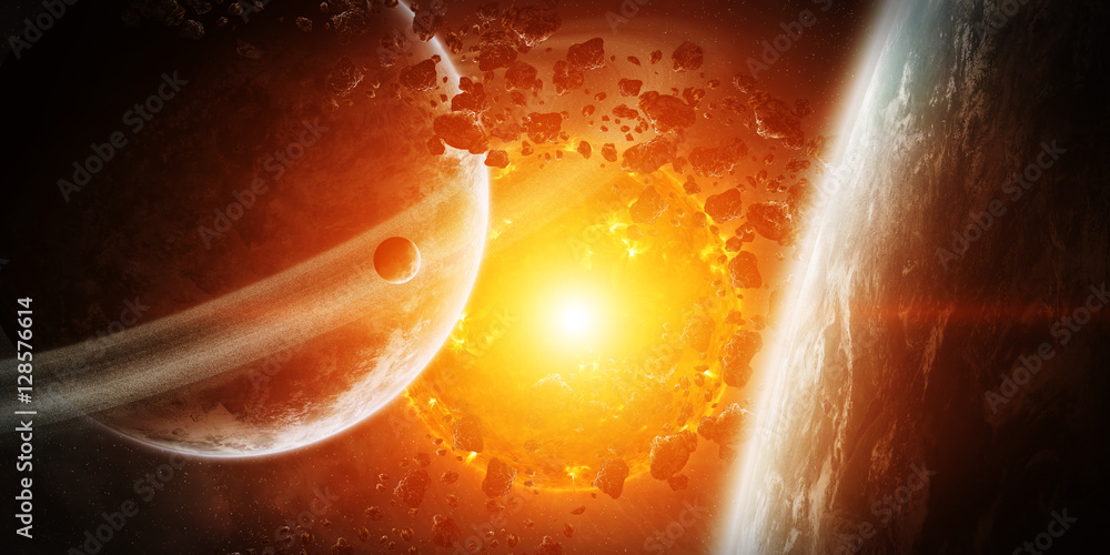 Wall mural exploding sun in space close to planet