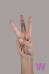Human hand and three fingers up on grey background