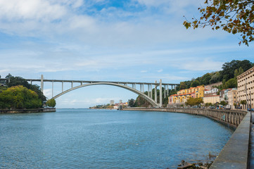 Fototapeta na wymiar Arrabida bridge and Douro river in Porto / 自動車専用橋のアラビダ橋とDouro 川