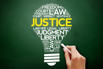 Justice bulb word cloud collage, business concept on blackboard