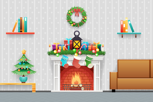 Christmas New Year House Interior Living Room Furniture Icons Set Flat Design Vector Illustration