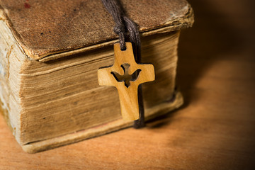 Small Wooden Crucifix with Dove and Bible