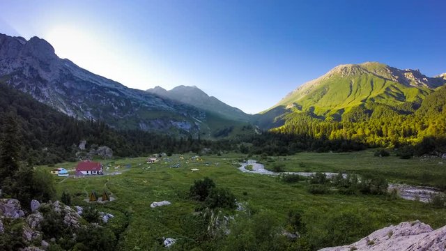 Panoramic Top view timelapse of the shelter Fischt camp. Russia, Caucasus