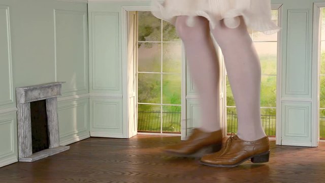 Close up on legs of giant woman walking in tiny room