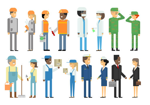People of different professions. Builders, military, service, farmer technicians. Vector material design