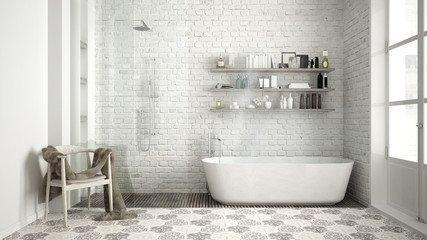 Scandinavian bathroom, classic white vintage interior design