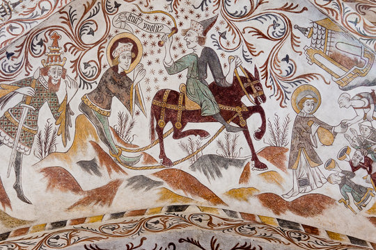 The Martyrdom of Saint Hippolytus. Hippolytus dragged to death behind a horse, Over Dråby church, Denmark, Nov 14, 2016,