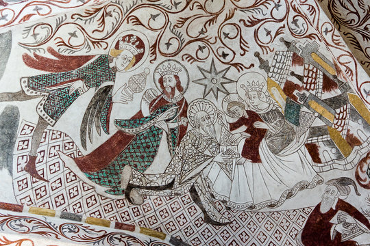 The holy kings bring their gifts to the Christ child. Over Dr&aring;by church, Denmark, Nov 14, 2016,