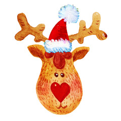 Cute watercolor Christmas deer character illustration isolated on white background