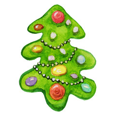 Cute watercolor Christmas tree character illustration isolated on white background